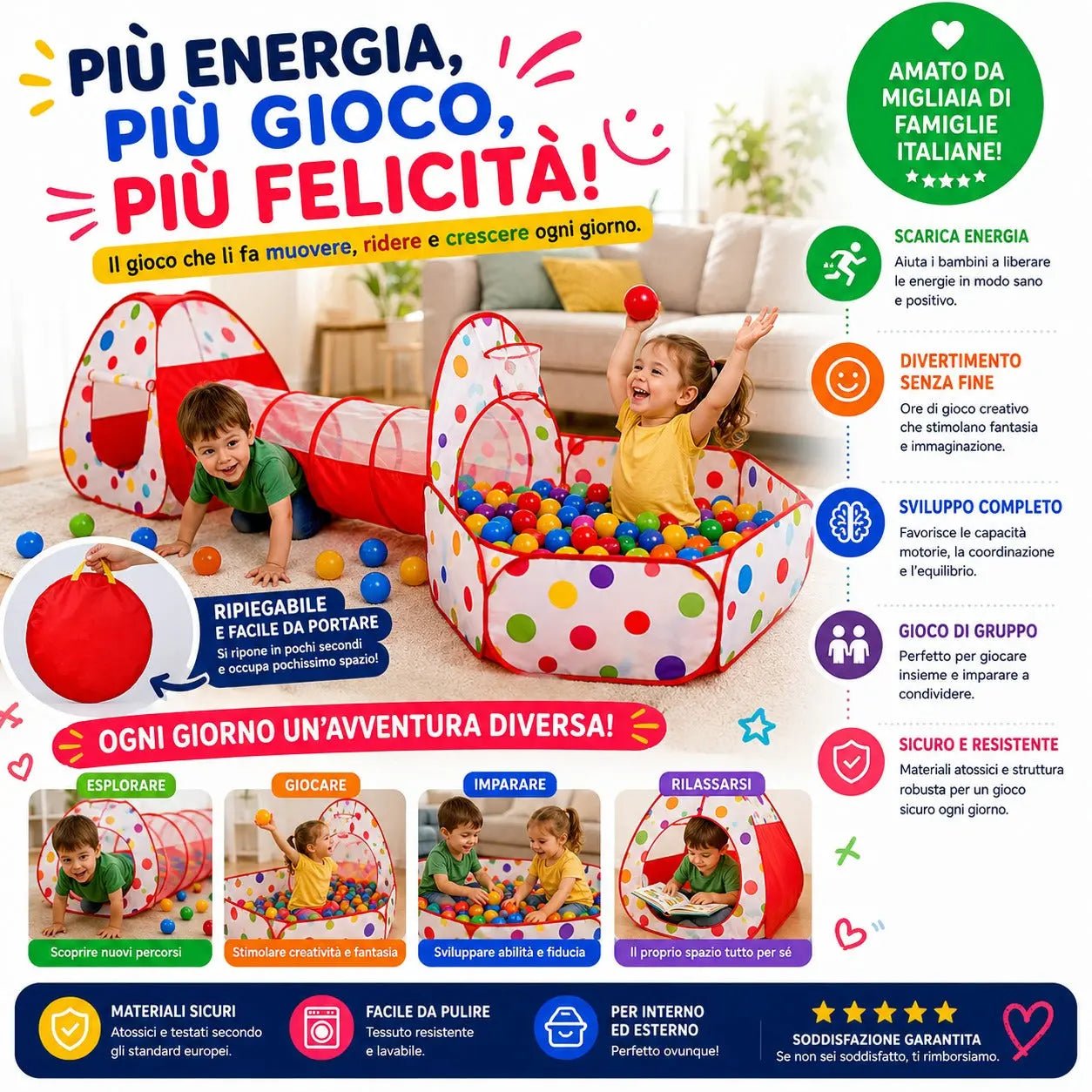 Tenda da gioco per bambini con tunnel - miraviglianegozio