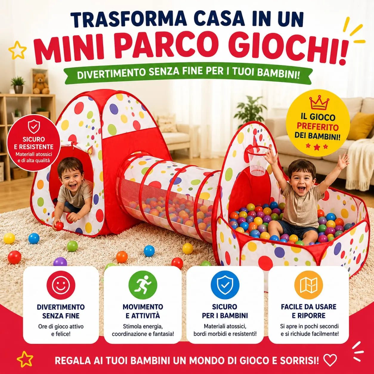 Tenda da gioco per bambini con tunnel - miraviglianegozio